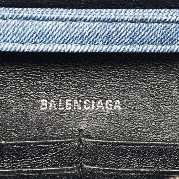 Pre Owned Balenciaga Hourglass Blue Denim Print Leather Wallet On Chain