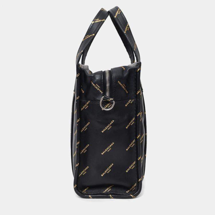 Pre Owned Balenciaga Black Leather/Gold Logo 'Bazar' XS Shopper Tote with Strap