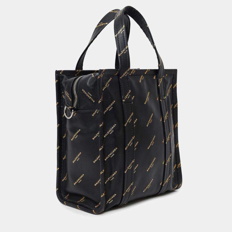 Pre Owned Balenciaga Black Leather/Gold Logo 'Bazar' XS Shopper Tote with Strap