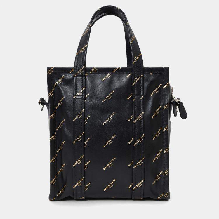 Pre Owned Balenciaga Black Leather/Gold Logo 'Bazar' XS Shopper Tote with Strap