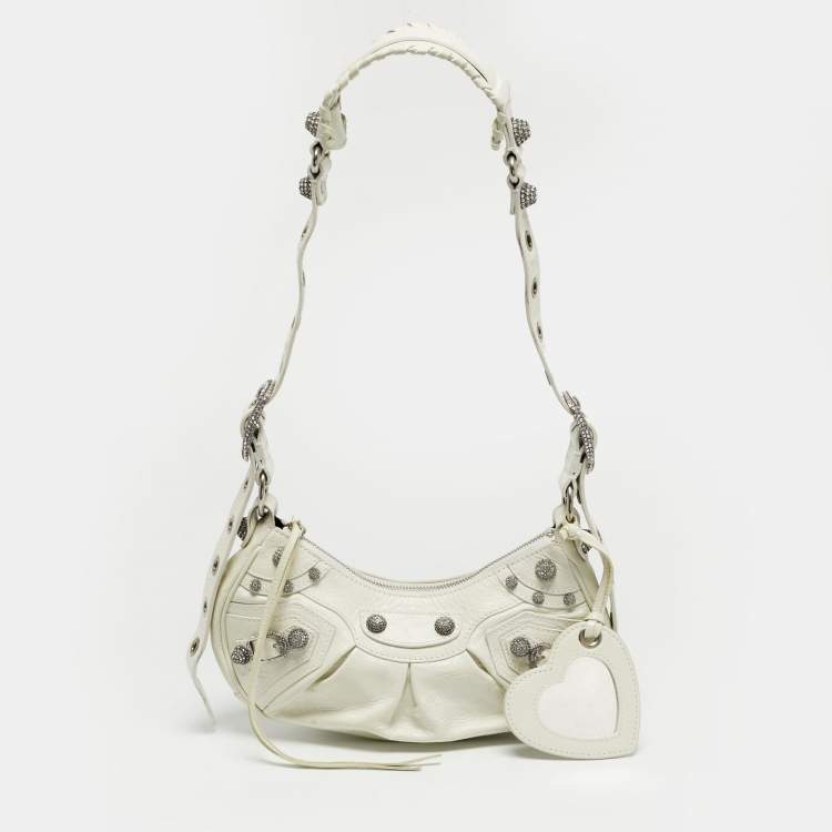 Pre Owned Balenciaga Le Cagole Crystals XS White Leather Shoulder Bag