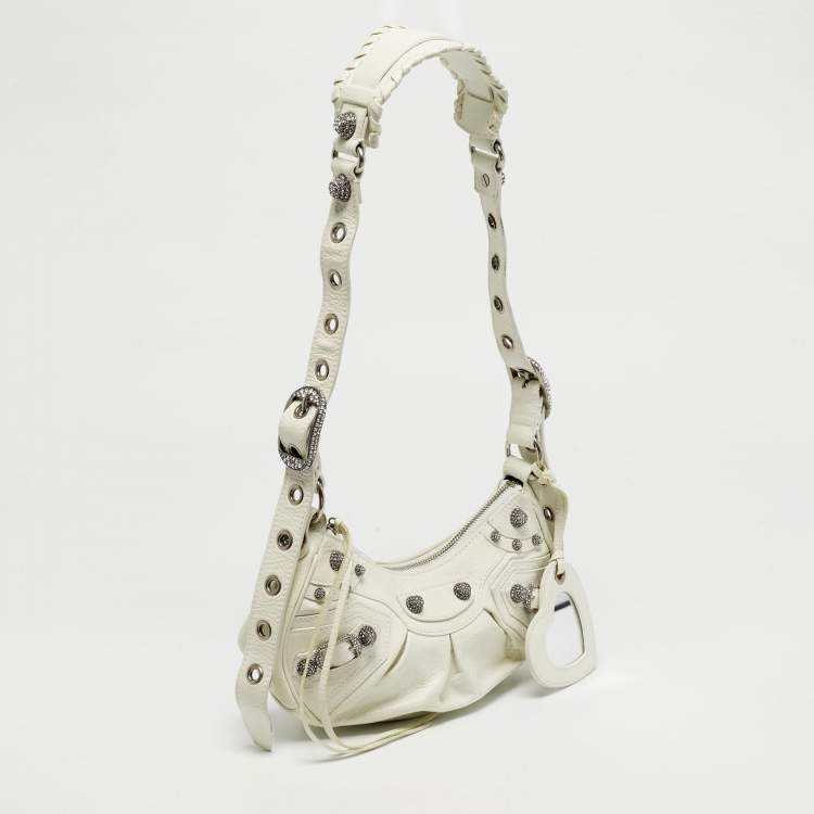 Pre Owned Balenciaga Le Cagole Crystals XS White Leather Shoulder Bag