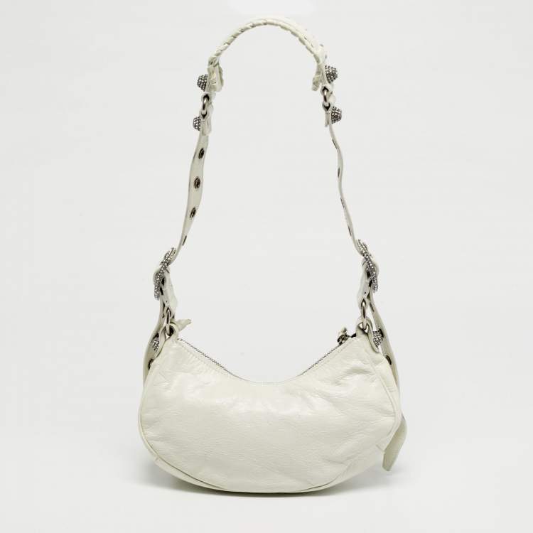 Pre Owned Balenciaga Le Cagole Crystals XS White Leather Shoulder Bag