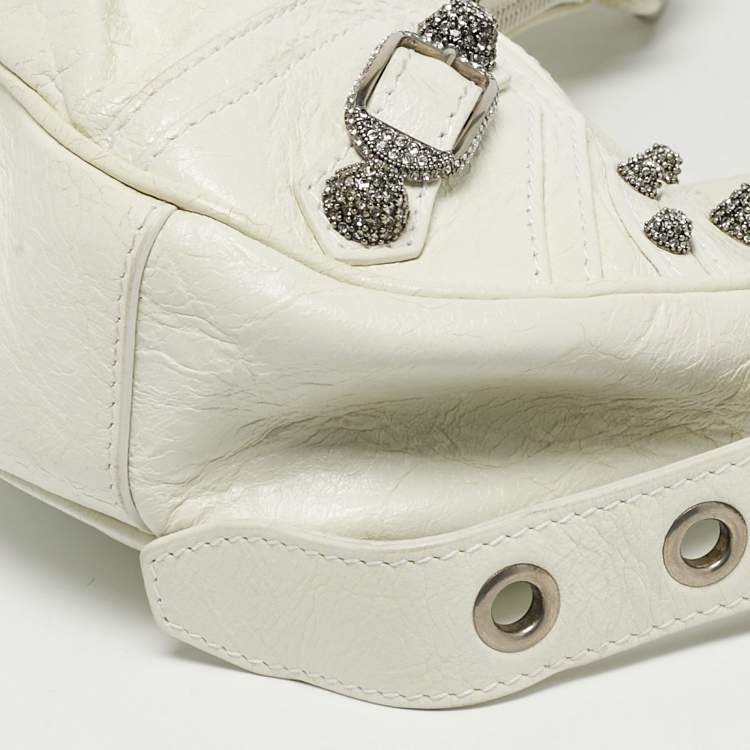 Pre Owned Balenciaga Le Cagole Crystals XS White Leather Shoulder Bag
