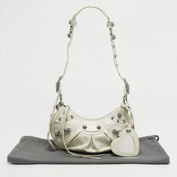 Pre Owned Balenciaga Le Cagole Crystals XS White Leather Shoulder Bag