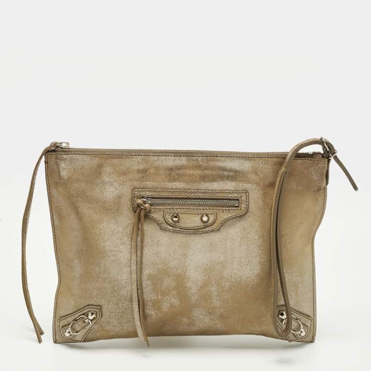 Pre Owned Balenciaga Milky Way Papier Papier Gold Shimmer Leather Wristlet Clutch