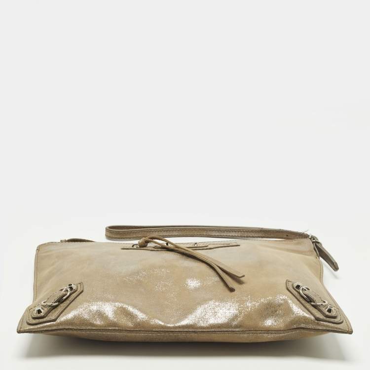 Pre Owned Balenciaga Milky Way Papier Papier Gold Shimmer Leather Wristlet Clutch