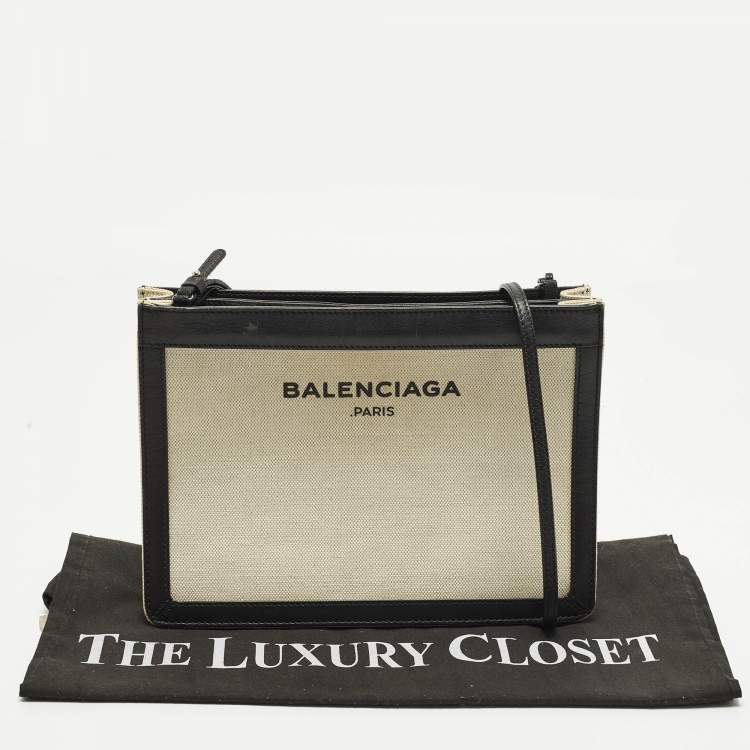 Pre Owned Balenciaga Pochette Off White/Black Canvas and Leather Shoulder Bag
