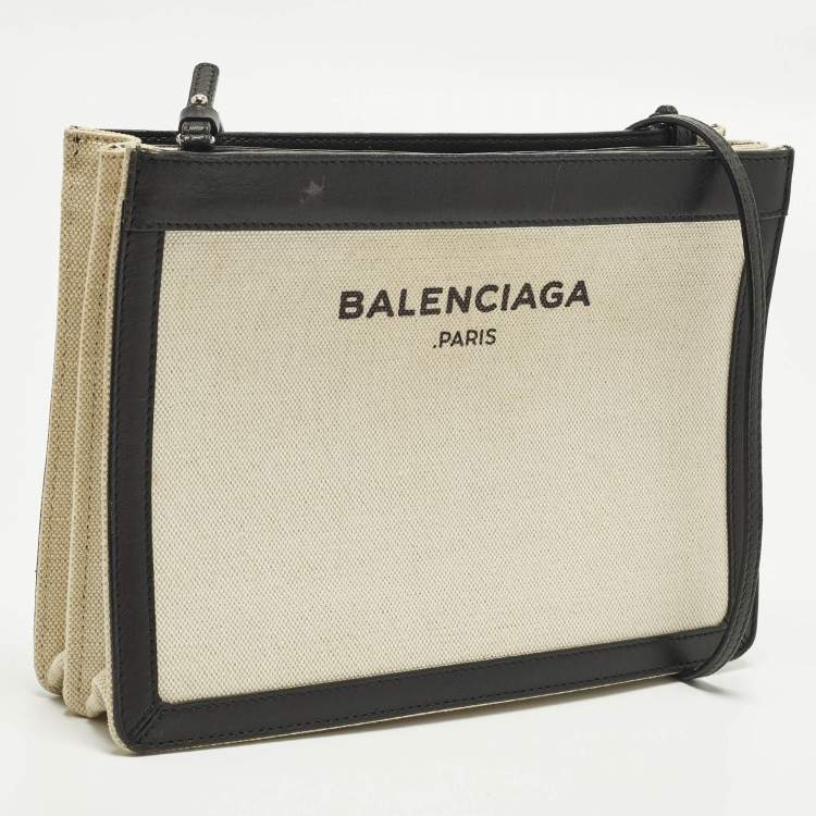 Pre Owned Balenciaga Pochette Off White/Black Canvas and Leather Shoulder Bag