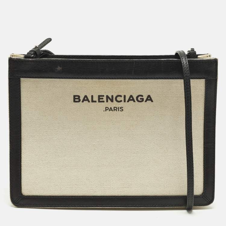 Pre Owned Balenciaga Pochette Off White/Black Canvas and Leather Shoulder Bag
