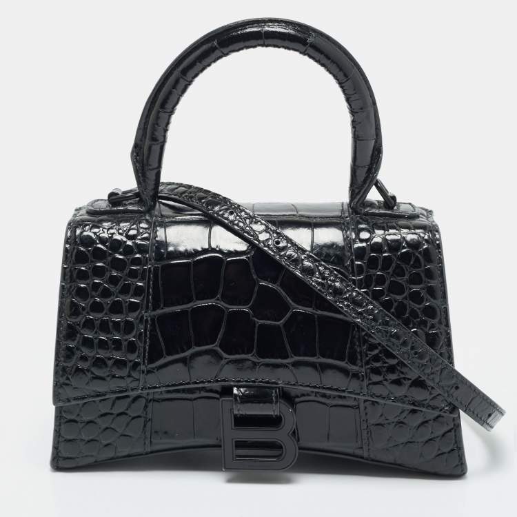 Pre Owned Balenciaga Hourglass XS Black Croc Embossed Leather Top Handle Bag
