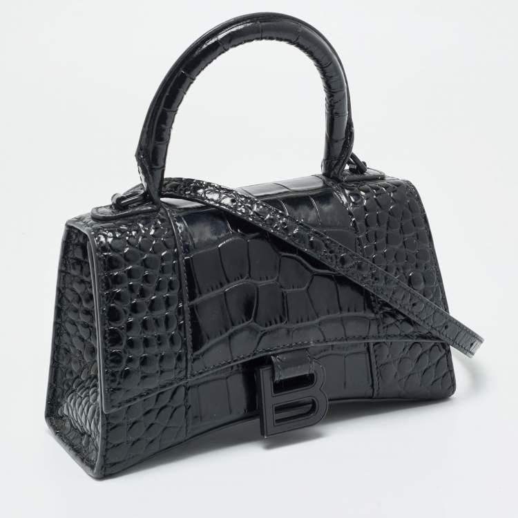 Pre Owned Balenciaga Hourglass XS Black Croc Embossed Leather Top Handle Bag
