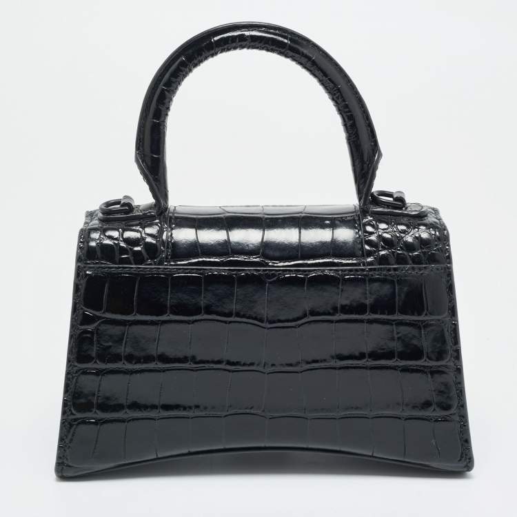 Pre Owned Balenciaga Hourglass XS Black Croc Embossed Leather Top Handle Bag