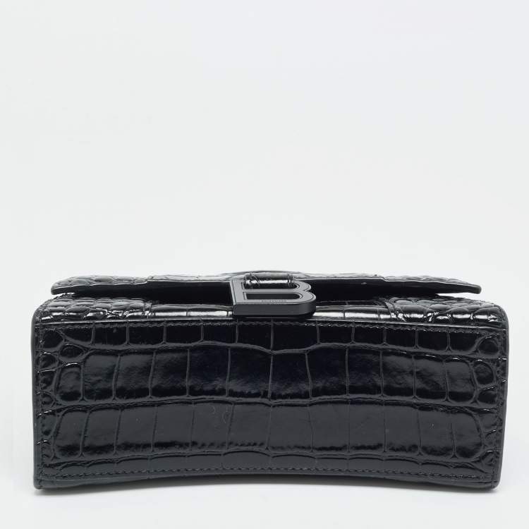 Pre Owned Balenciaga Hourglass XS Black Croc Embossed Leather Top Handle Bag