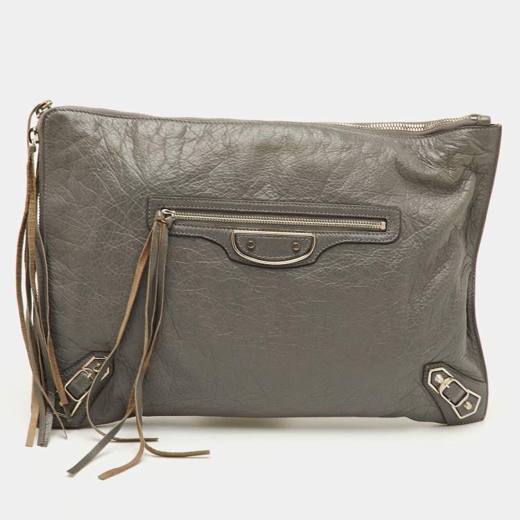 Pre Owned Balenciaga Classic City Grey Leather Giant 12 SH Edge Zip Pouch