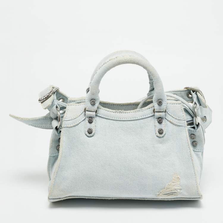 Pre Owned Balenciaga Crystals Neo Cagole Light Blue Denim Bag