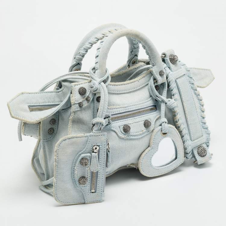 Pre Owned Balenciaga Crystals Neo Cagole Light Blue Denim Bag