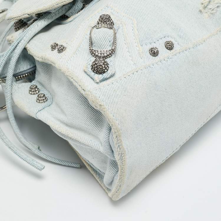Pre Owned Balenciaga Crystals Neo Cagole Light Blue Denim Bag