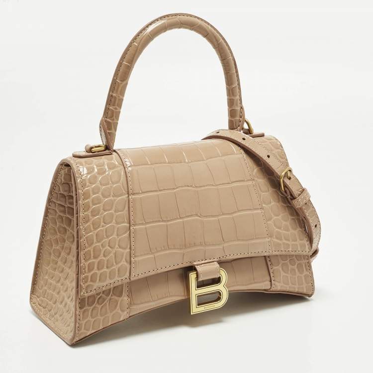مملوكة مسبقًا Balenciaga Hourglass Small Beige Croc Embossed Leather Top Handle Bag