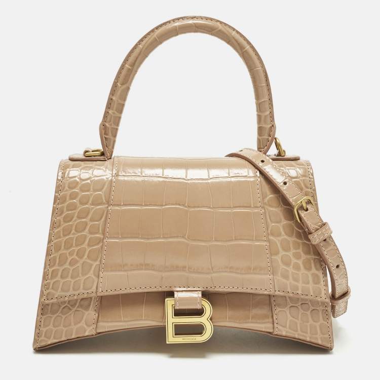 مملوكة مسبقًا Balenciaga Hourglass Small Beige Croc Embossed Leather Top Handle Bag