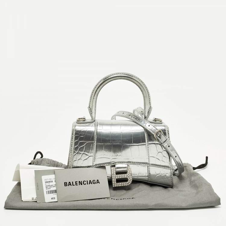 Pre Owned Balenciaga Hourglass XS Silver Croc Embossed Leather Top Handle Bag