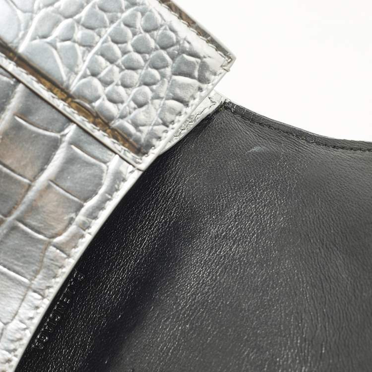 Pre Owned Balenciaga Hourglass XS Silver Croc Embossed Leather Top Handle Bag