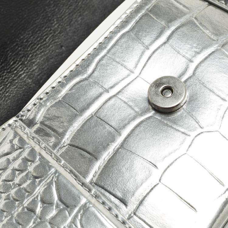 Pre Owned Balenciaga Hourglass XS Silver Croc Embossed Leather Top Handle Bag