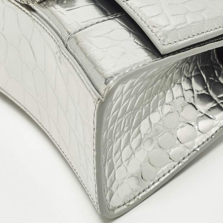 Pre Owned Balenciaga Hourglass XS Silver Croc Embossed Leather Top Handle Bag