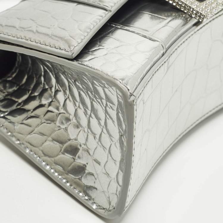 Pre Owned Balenciaga Hourglass XS Silver Croc Embossed Leather Top Handle Bag
