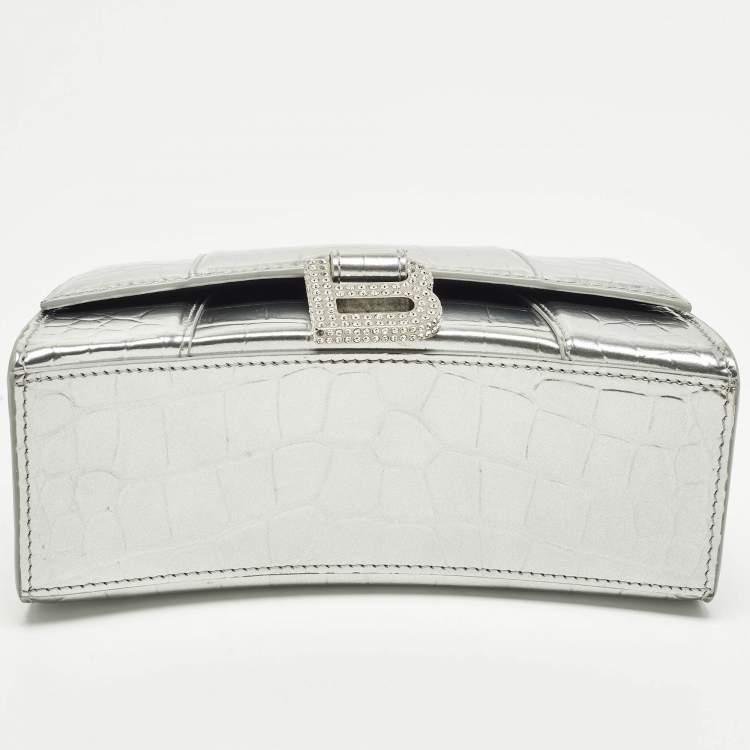 Pre Owned Balenciaga Hourglass XS Silver Croc Embossed Leather Top Handle Bag