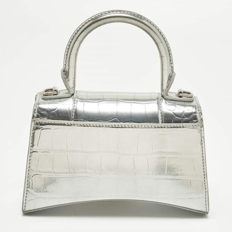 Pre Owned Balenciaga Hourglass XS Silver Croc Embossed Leather Top Handle Bag
