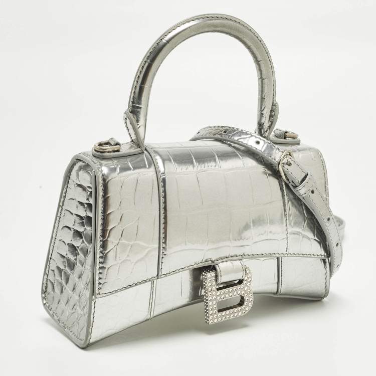 Pre Owned Balenciaga Hourglass XS Silver Croc Embossed Leather Top Handle Bag