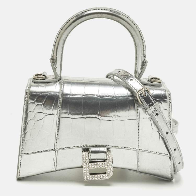 Pre Owned Balenciaga Hourglass XS Silver Croc Embossed Leather Top Handle Bag