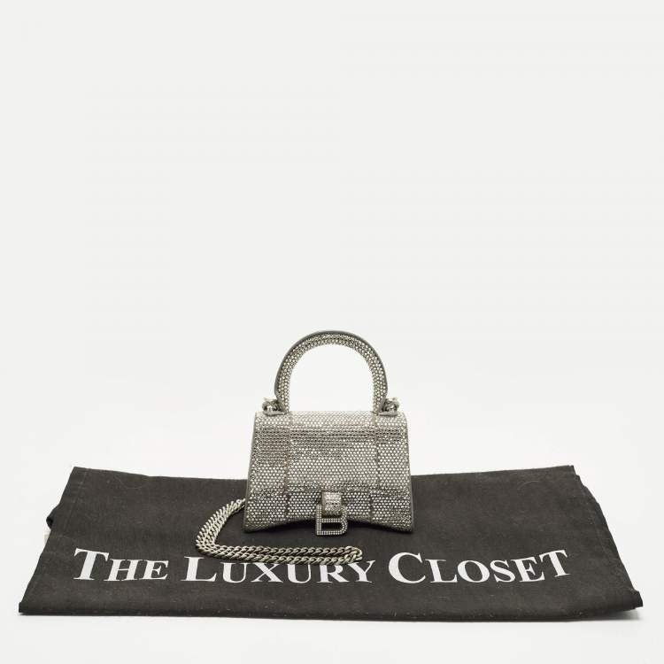 Pre Owned Balenciaga Hourglass Crystal Mini Silver Suede Top Handle Bag