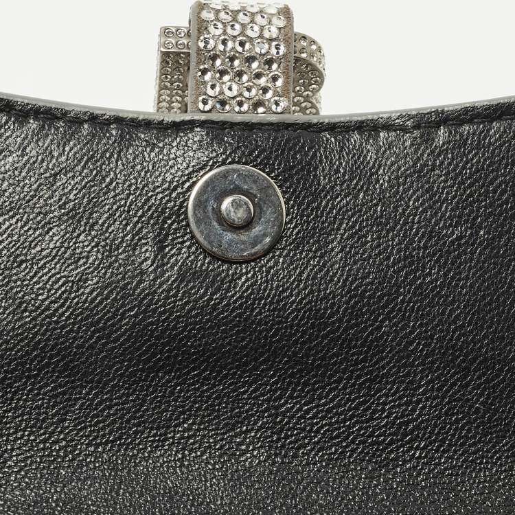 Pre Owned Balenciaga Hourglass Crystal Mini Silver Suede Top Handle Bag