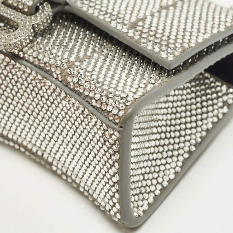 Pre Owned Balenciaga Hourglass Crystal Mini Silver Suede Top Handle Bag