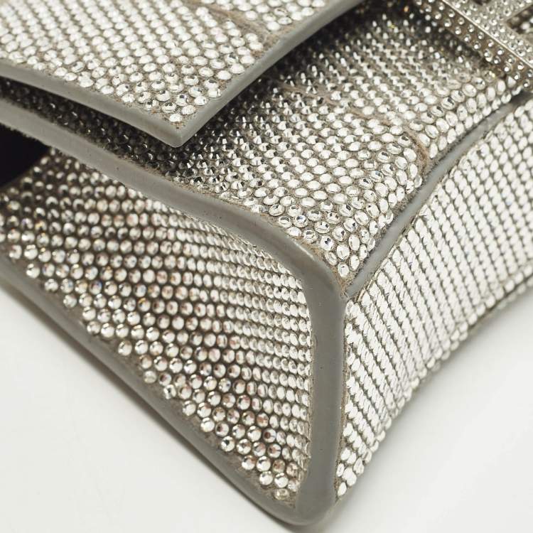 Pre Owned Balenciaga Hourglass Crystal Mini Silver Suede Top Handle Bag