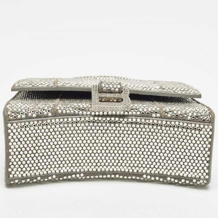 Pre Owned Balenciaga Hourglass Crystal Mini Silver Suede Top Handle Bag