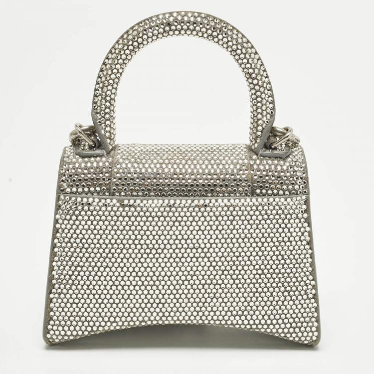 Pre Owned Balenciaga Hourglass Crystal Mini Silver Suede Top Handle Bag