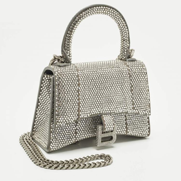 Pre Owned Balenciaga Hourglass Crystal Mini Silver Suede Top Handle Bag