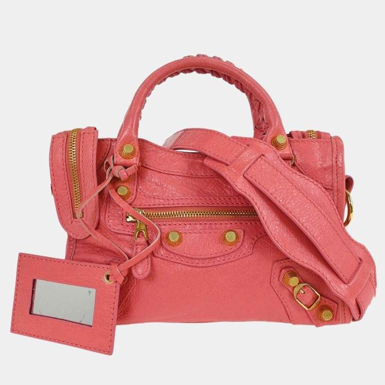 Pre Owned Balenciaga City Mini Pink Lambskin Leather Top Handle Bag