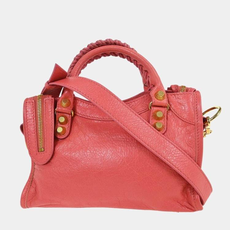 Pre Owned Balenciaga City Mini Pink Lambskin Leather Top Handle Bag
