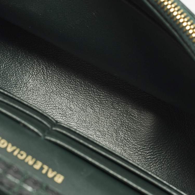 Pre Owned Balenciaga Hourglass Green Croc Embossed Leather Wallet On Chain