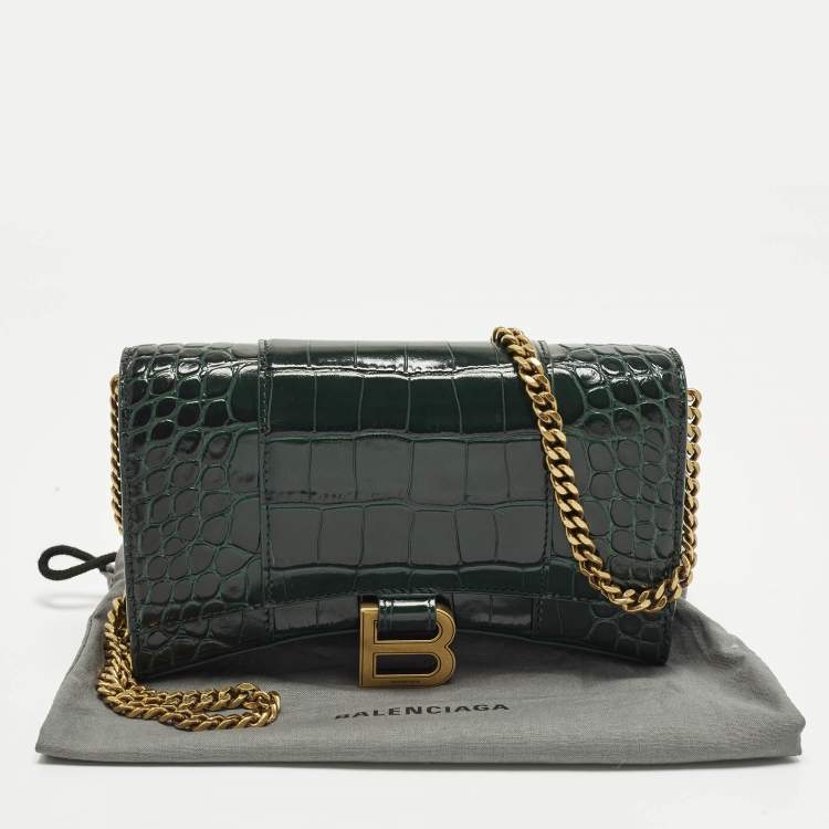 Pre Owned Balenciaga Hourglass Green Croc Embossed Leather Wallet On Chain