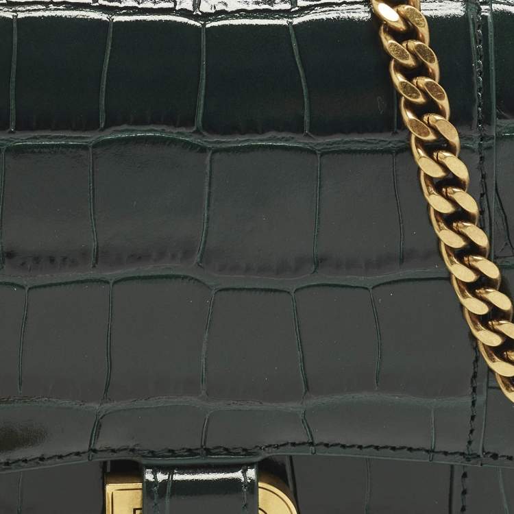 Pre Owned Balenciaga Hourglass Green Croc Embossed Leather Wallet On Chain