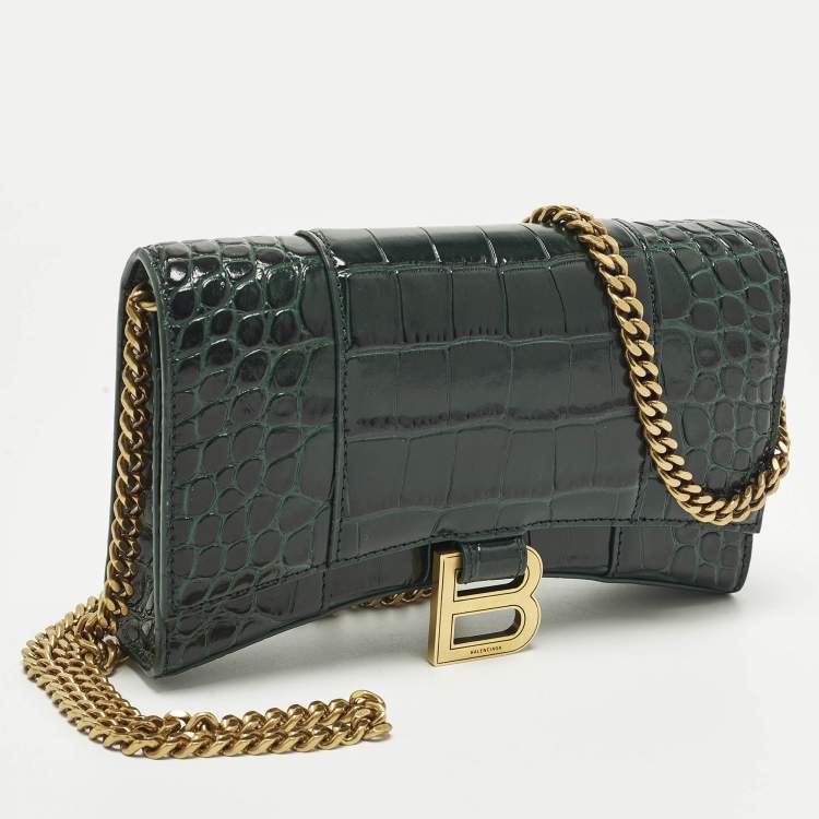 Pre Owned Balenciaga Hourglass Green Croc Embossed Leather Wallet On Chain