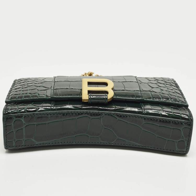 Pre Owned Balenciaga Hourglass Green Croc Embossed Leather Wallet On Chain