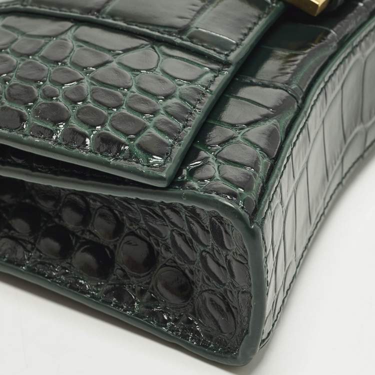Pre Owned Balenciaga Hourglass Green Croc Embossed Leather Wallet On Chain