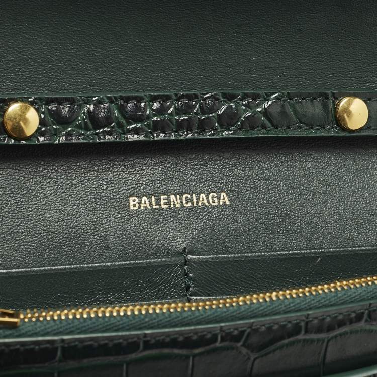 Pre Owned Balenciaga Hourglass Green Croc Embossed Leather Wallet On Chain