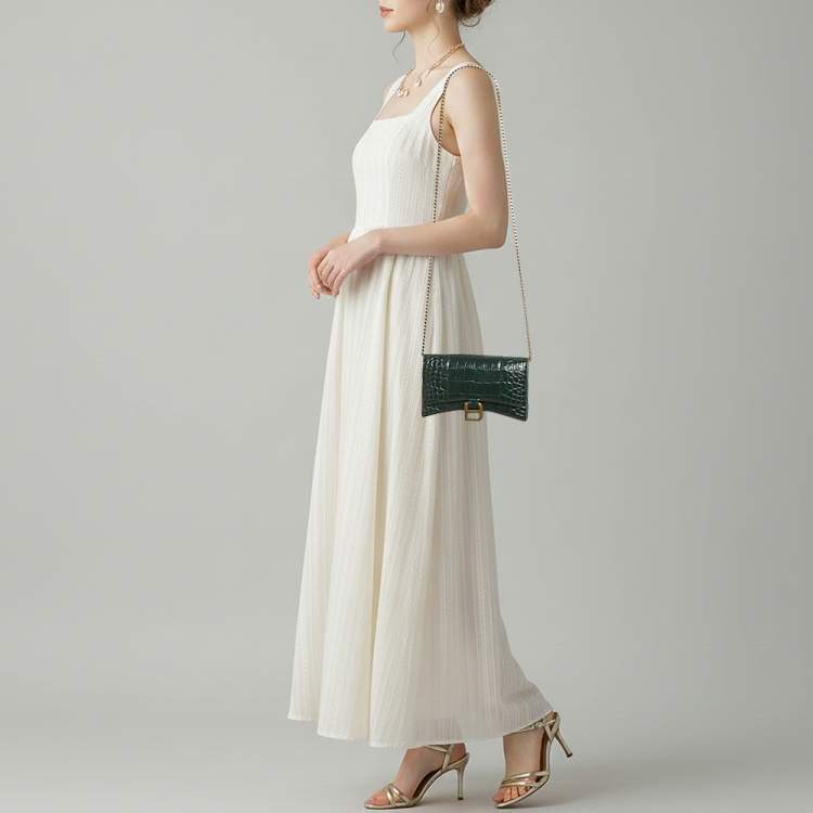 Pre Owned Balenciaga Hourglass Green Croc Embossed Leather Wallet On Chain